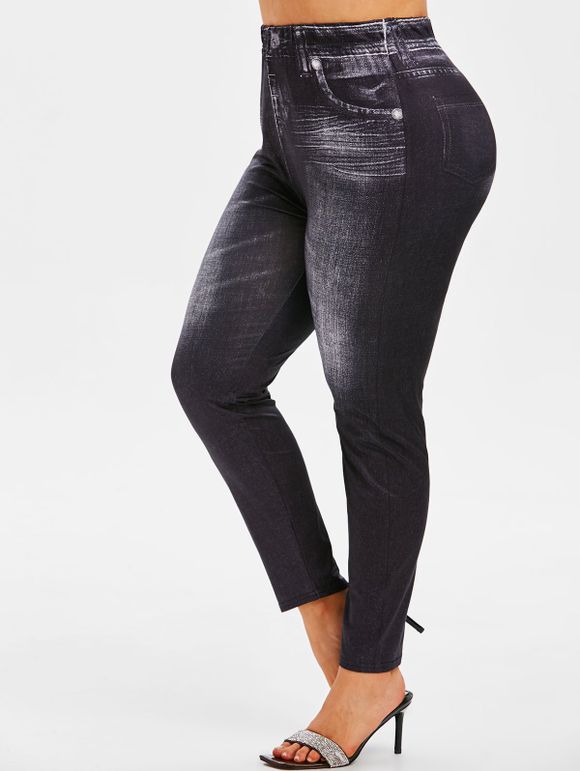 Legging Délavé 3D Jean Imprimé à Taille Haute de Grande Taille - Noir 5X