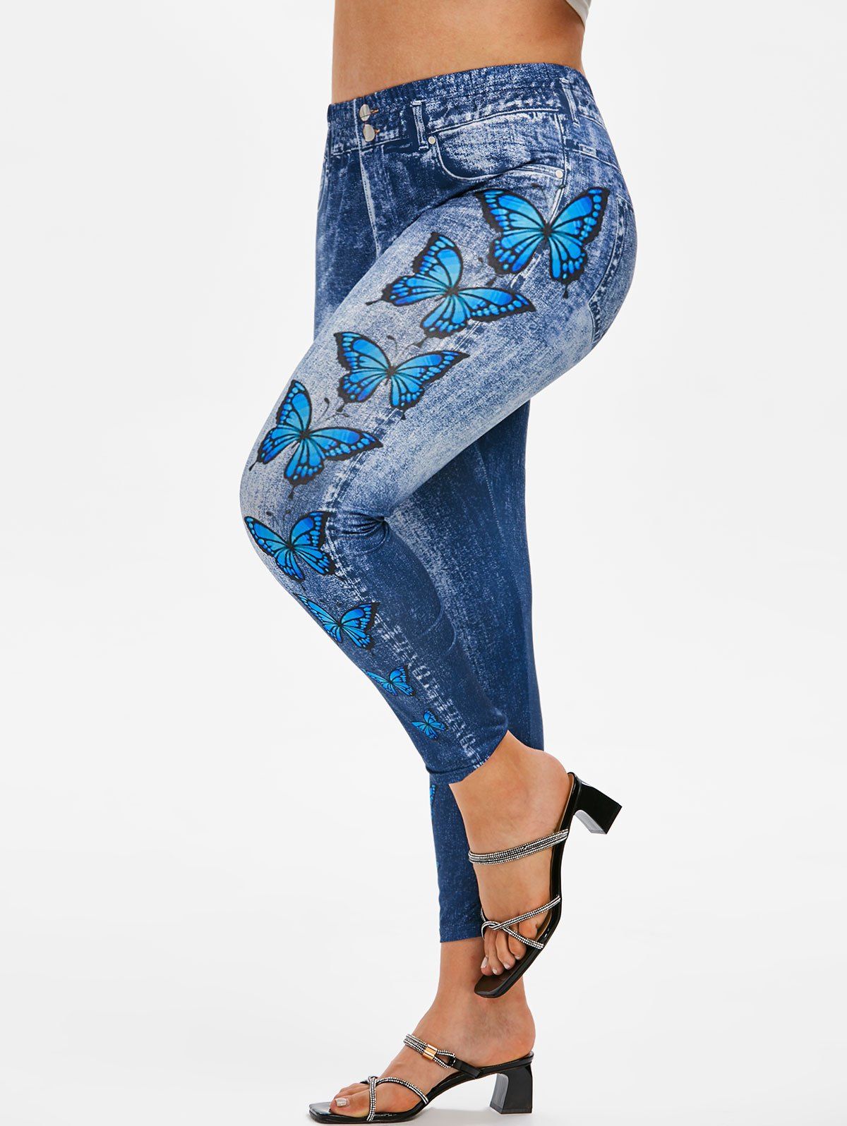 Legging Capri à Imprimé 3D Papillon de Grande Taille en Denim - Bleu clair 1X
