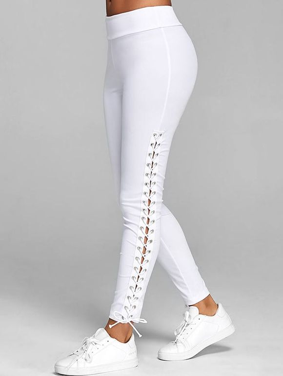 Lace Up Plain Skinny Pants - WHITE 2XL