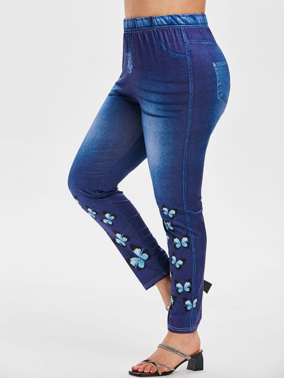 Legging 3D Papillon Imprimé à Taille Haute de Grande Taille en Denim - Bleu 3X