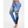 Legging d'Halloween Crâne Imprimée en Dentelle Insérée de Grande Taille - Bleu clair 2X