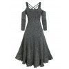 Vintage Heathered High Low Dress Cutout Lattice Crisscross Cold Shoulder Flounce Dip Hem Dress - DARK SLATE GREY M