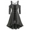 Vintage Heathered High Low Dress Cutout Lattice Crisscross Cold Shoulder Flounce Dip Hem Dress - DARK SLATE GREY XL