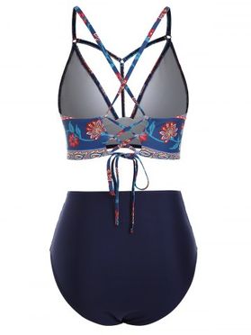 Ethinc Printed Lace-up Strappy Ruched Tankini Swimwear