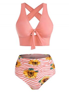 Tummy Control Tankini Swimwear Sunflower Zig Zag Print Swimsuit Crisscross Cut Out Bowknot Tied Summer Beach Bathing Suit