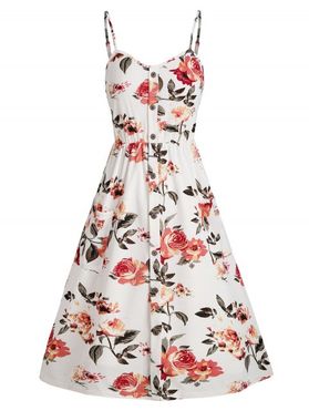 Vacation Floral Shirred Back Mock Buttons Cami Sundress