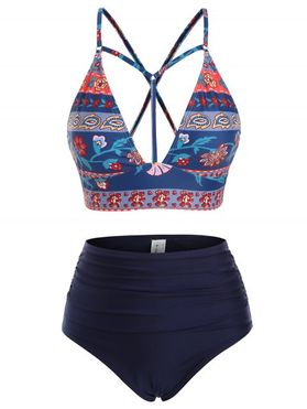 Ethinc Printed Lace-up Strappy Ruched Tankini Swimwear