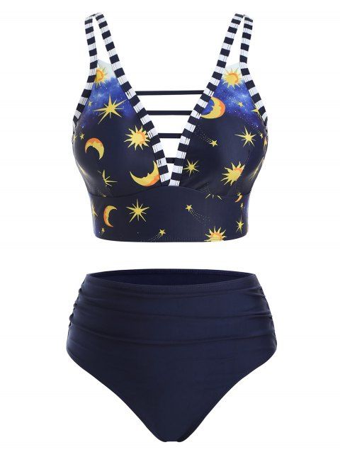 Maillot de Bain Tankini Découpé à Imprimé Etoile Lune à Ourlet Rayé à Volants