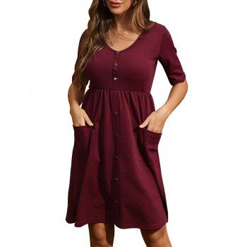 

Mock Buttons Front Pocket A Line Dress, Deep red