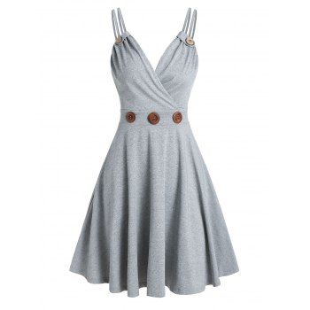 

Summer Strappy Mock Button Flare Surplice Dress, Light gray