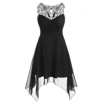 

Flower Guipure Insert Sleeveless Handkerchief Dress, Black