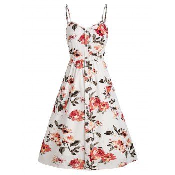 

Vacation Floral Shirred Back Mock Buttons Cami Sundress, White