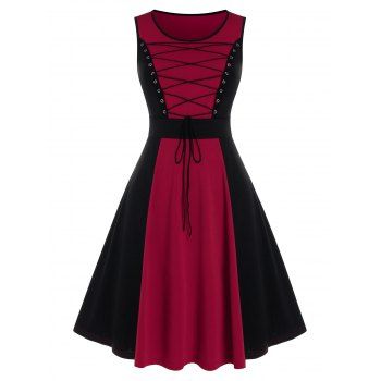 

Contrast Color Lace Up Sleeveless A Line Dress, Red wine