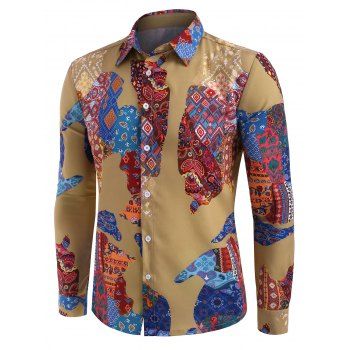 Ethnic Map Print Button Up Long Sleeve Shirt