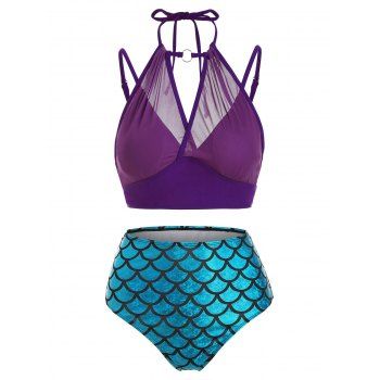 

Mesh Overlay Mermaid O Ring Tankini Swimwear, Purple