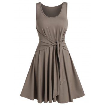 

Solid Color Tie Waist Sleeveless A Line Dress, Light coffee