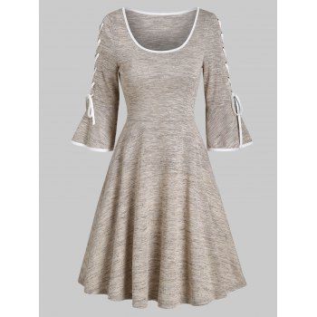 

Lace Up Flare Sleeve High Waist A Line Dress, Light coffee