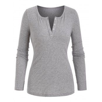 

Pure Color Henley Long Sleeve Knitted T Shirt, Light gray