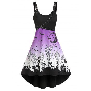 

Halloween Pumpkin Skeleton Print Cami Dip Hem Dress, Black