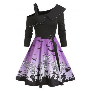 

Cold Shoulder Halloween Print Belted Mini Dress, Black