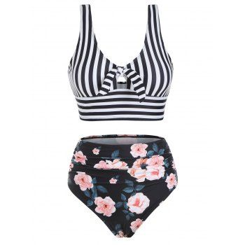 

Knot Striped Floral Ruched Tankini Swimwear, Black