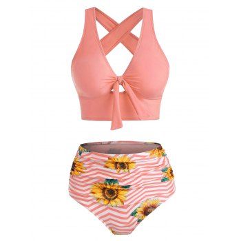 

Tummy Control Tankini Swimwear Sunflower Zig Zag Print Swimsuit Crisscross Cut Out Bowknot Tied Summer Beach Bathing Suit, Light pink