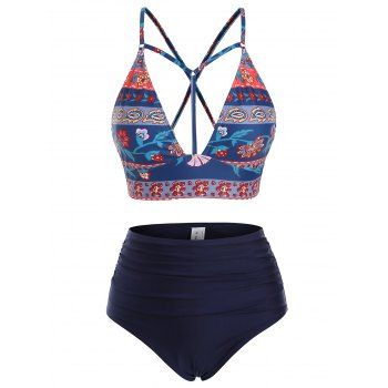 

Ethinc Printed Lace-up Strappy Ruched Tankini Swimwear, Deep blue