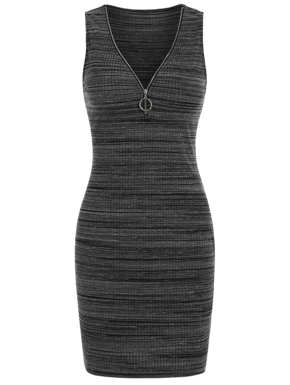 Robe Moulante Tricotée Anneau en O sans Manches à Col V - Gris Carbone L