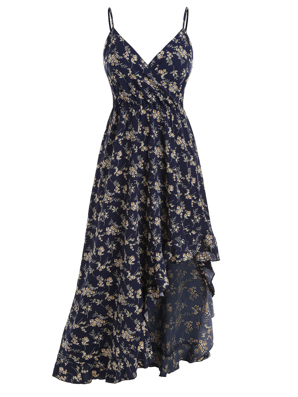 Floral Flounce Asymmetrical Surplice Cami Dress - DEEP BLUE M