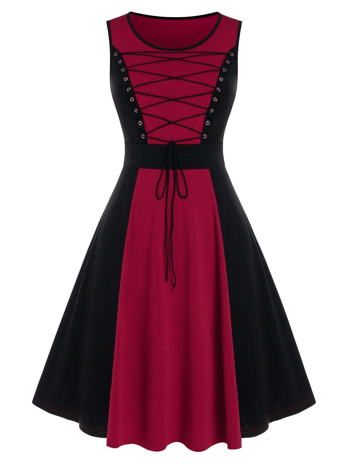 [59% OFF] 2022 Contrast Color Lace Up Sleeveless A Line Dress In RED ...