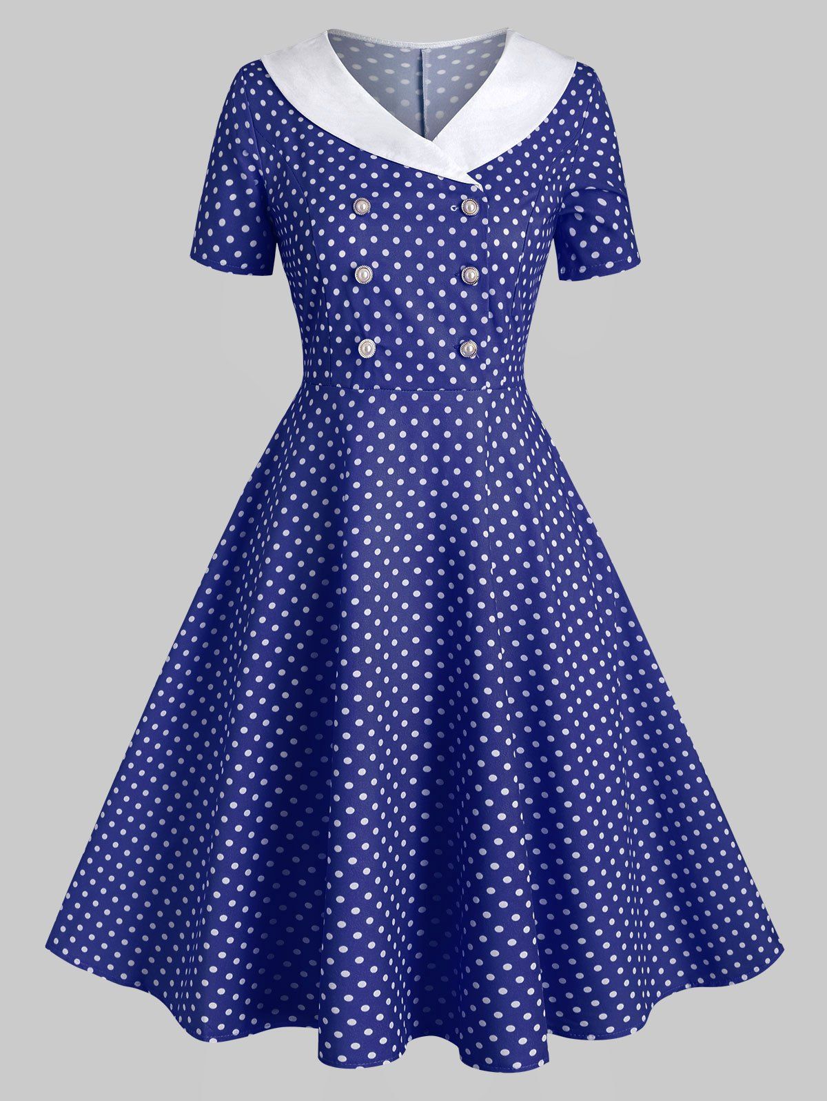 [24% OFF] 2021 Shawl Collar Polka Dot 1950s Dress In DEEP BLUE | DressLily
