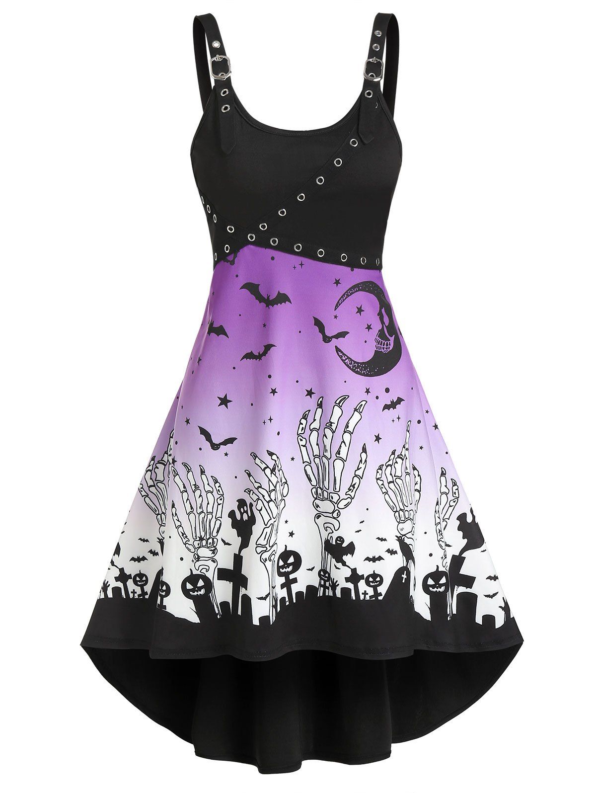 Halloween Pumpkin Skeleton Print Cami Dip Hem Dress - BLACK L