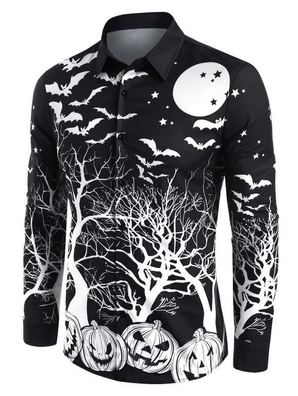 Chemise d'Halloween Boutonnée Citrouille Chauve-souris Imprimés à Manches Longues - Noir XL