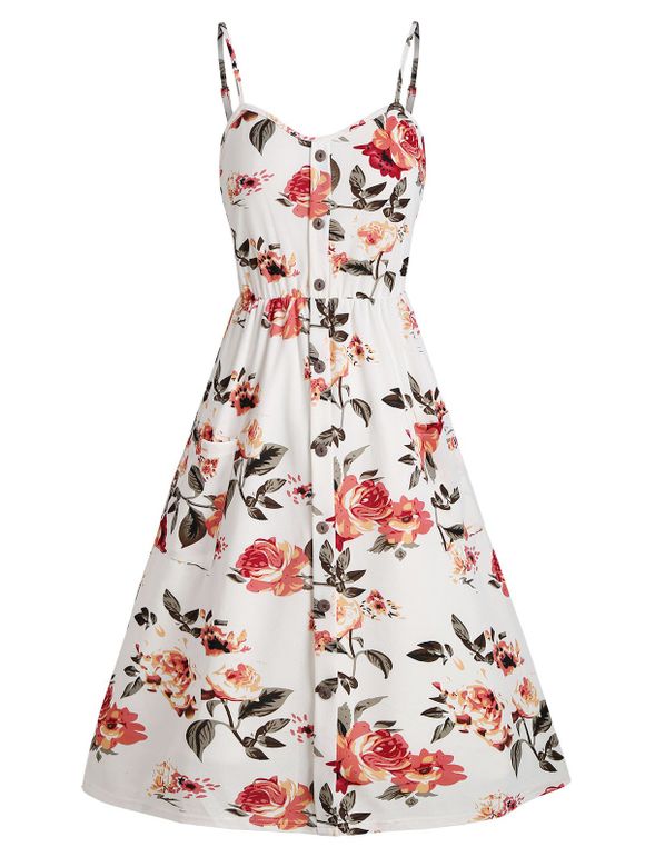 Robe D'Eté Fleurie Plissée au Dos avec Boutons - Blanc XL
