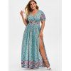 Maxi Robe Fleurie Imprimée à Fente Haute de Grande Taille - Bleu clair L
