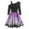 Mini Robe d'Halloween Ceinturée Imprimée à Epaule Dénudée - Noir 3XL