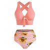 Tummy Control Tankini Swimwear Sunflower Zig Zag Print Swimsuit Crisscross Cut Out Bowknot Tied Summer Beach Bathing Suit - LIGHT PINK S