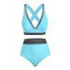 Graphic Criss Cross Fishnet Panel Sporty Plus Size Tankini Swimwear - BLUE 3X