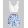 Bohemian Tankini Swimwear Flower Print Swimsuit Mock Button Plunge Tiered Skirted Beach Bathing Suit - WHITE M