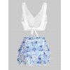 Bohemian Tankini Swimwear Flower Print Swimsuit Mock Button Plunge Tiered Skirted Beach Bathing Suit - WHITE S