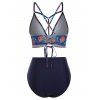 Maillot de Bain Tankini à Bretelle Ethnique Imprimé à Lacets à Volants - Bleu profond 2XL