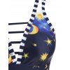 Striped Trim Stars Moon Print Ladder Cutout Ruched Tankini Swimwear - DEEP BLUE S