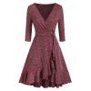 Deep V Neck Knitted Flounce Hem Wrap Dress - RED WINE M