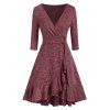 Robe Enveloppée Tricotée à Ourlet Volanté à Col V Profond - Rouge Vineux 2XL