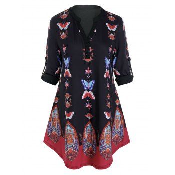 

Plus Size Roll Up Sleeve Butterfly Tribal Print Blouse, Black