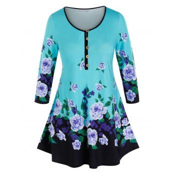 

Plus Size Flower Print Piping Buttoned Tunic Tee, Multicolor