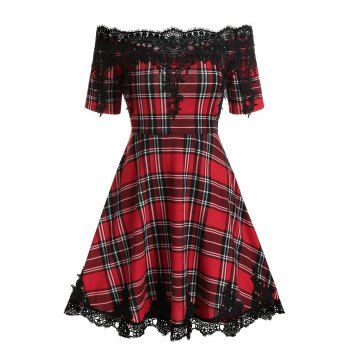 

Off Shoulder Checked Lace Insert Mini A Line Dress, Red