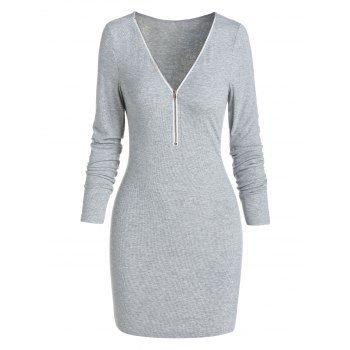 

Plain V Neck Knitted Mini Bodycon Dress, Light gray