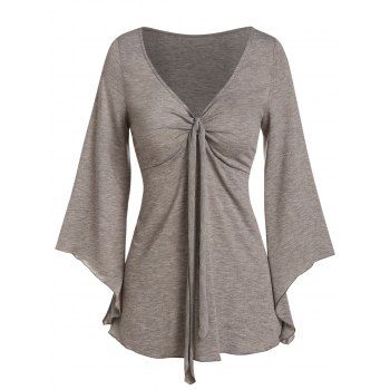 

Plain Tied V Neck Bell Sleeve T Shirt, Light brown