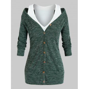 

Plus Size Long Sleeve Knit T-shirt and Plunge Tank Top Set, Deep green